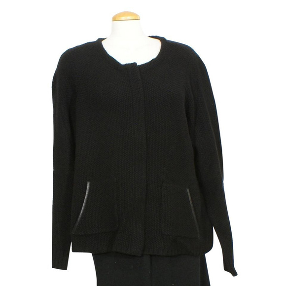 Black Textured Yak Merino Leather Trim Knit Jacket